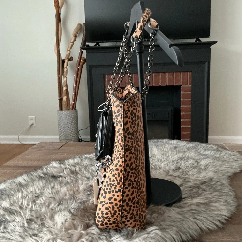 Betsy Johnson On the Prowl Leopard Print Tote Bag Faux Leather Chain Handles